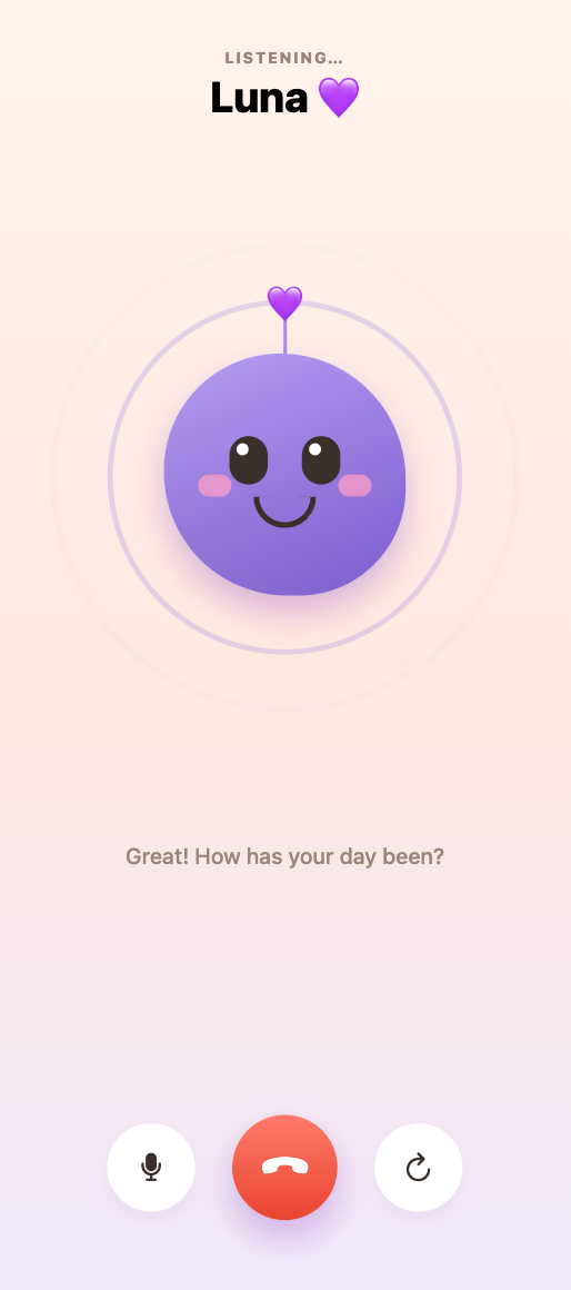 A voice call with Luna in the Nxtcure Labs app, with Luna listening and asking how the patient's day has been